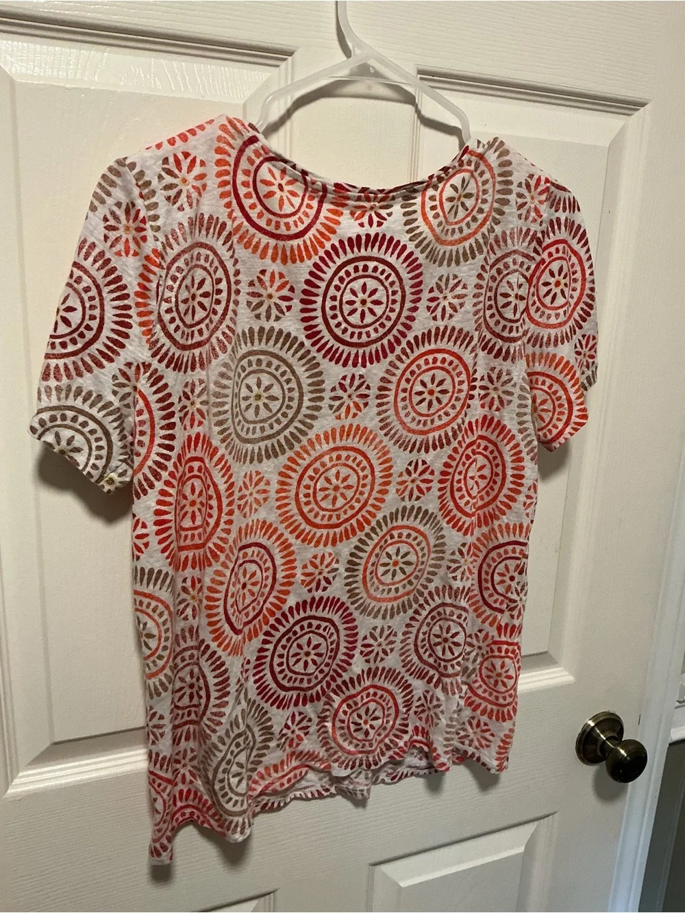 LOFT Linen Blend Medallion Print Puff Sleeve Top Large Boho